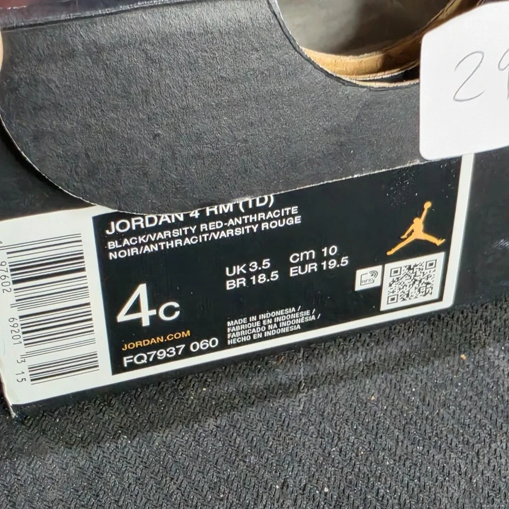 New 4C Jordan 4 RM TD FQ7937-060 Black Varsity Red Anthracite Toddler Box Damage